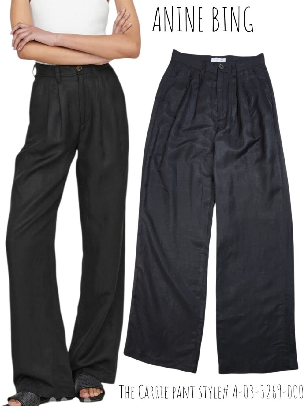 ANINE BING Women Carrie Pant Black Linen Blend A-03-3269-000 Wide Leg Trouser 34